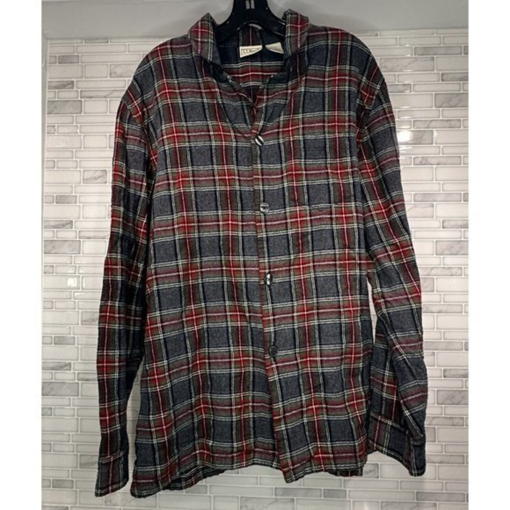 LL Bean‎ Men's Plaid Flannel Pajama Shirt Large TALL  100% Cotton Gray + Red
